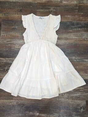 HYFVE White Gauze Cotton Smocked Tiered Mini Babydoll Dress Size Small